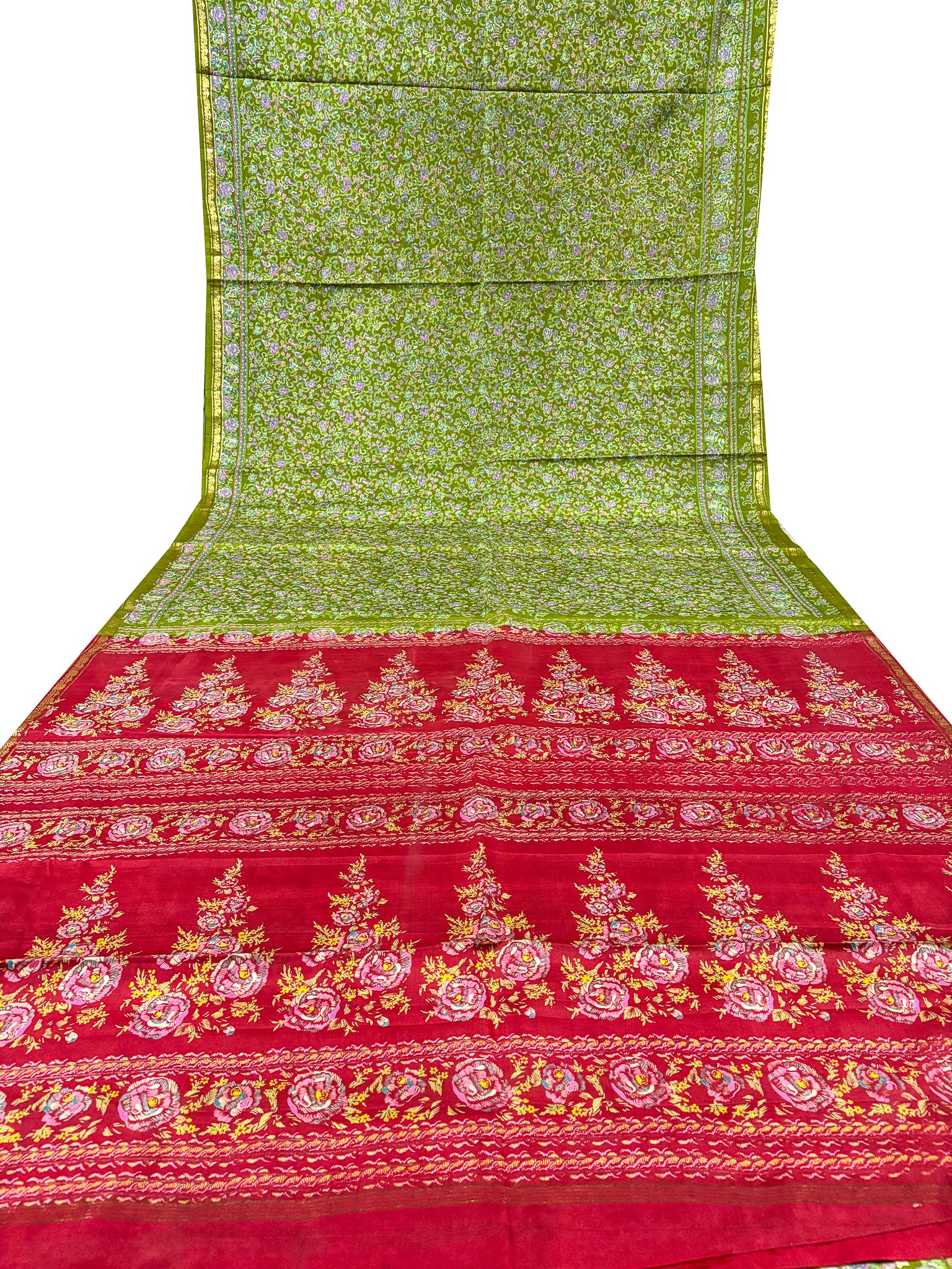 Vintage Green and Red Silk Saree