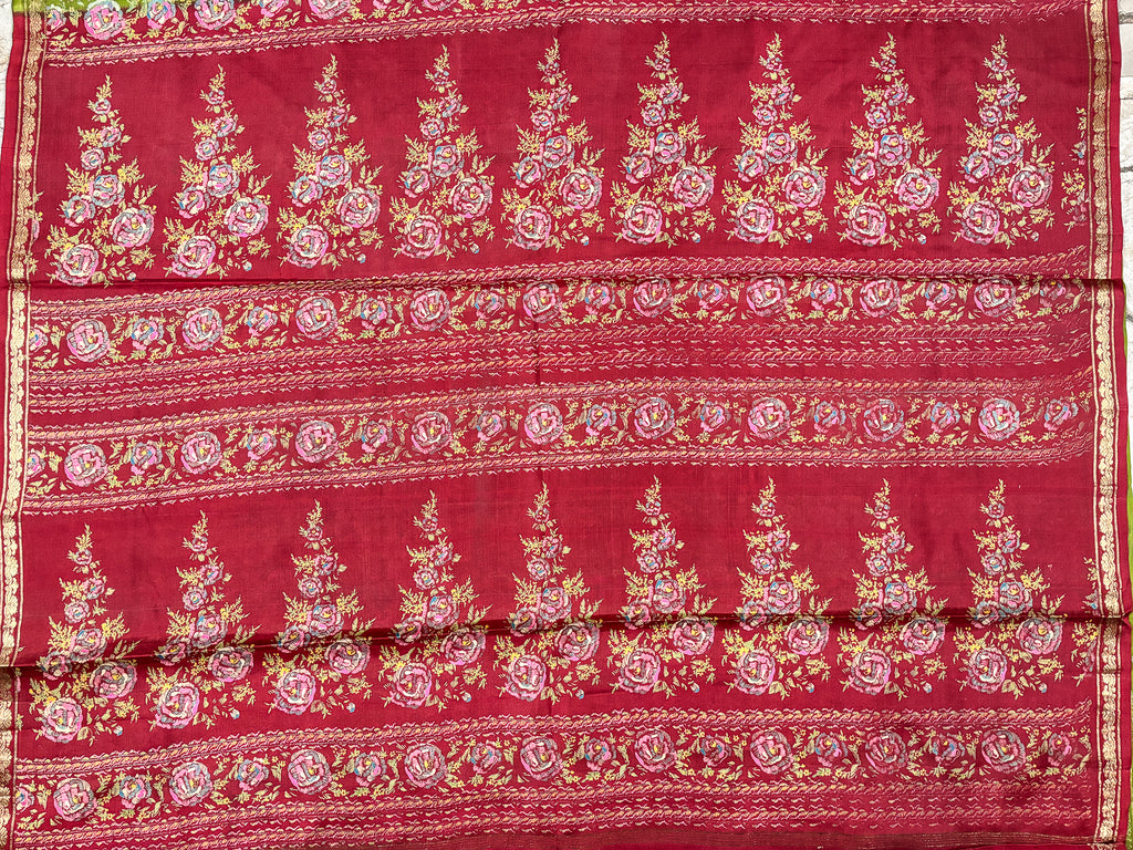 Vintage Green and Red Silk Saree