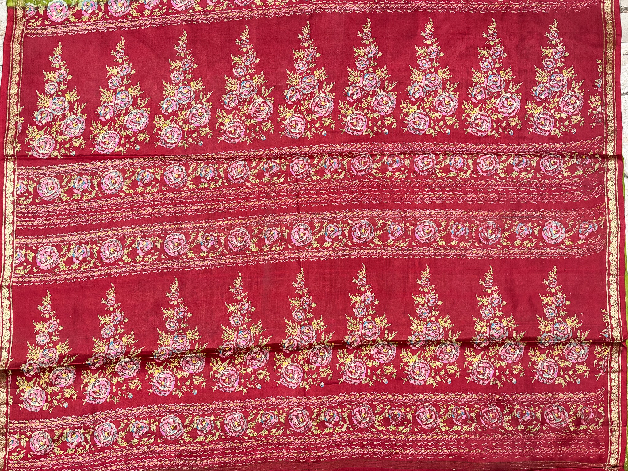 Vintage Green and Red Silk Saree